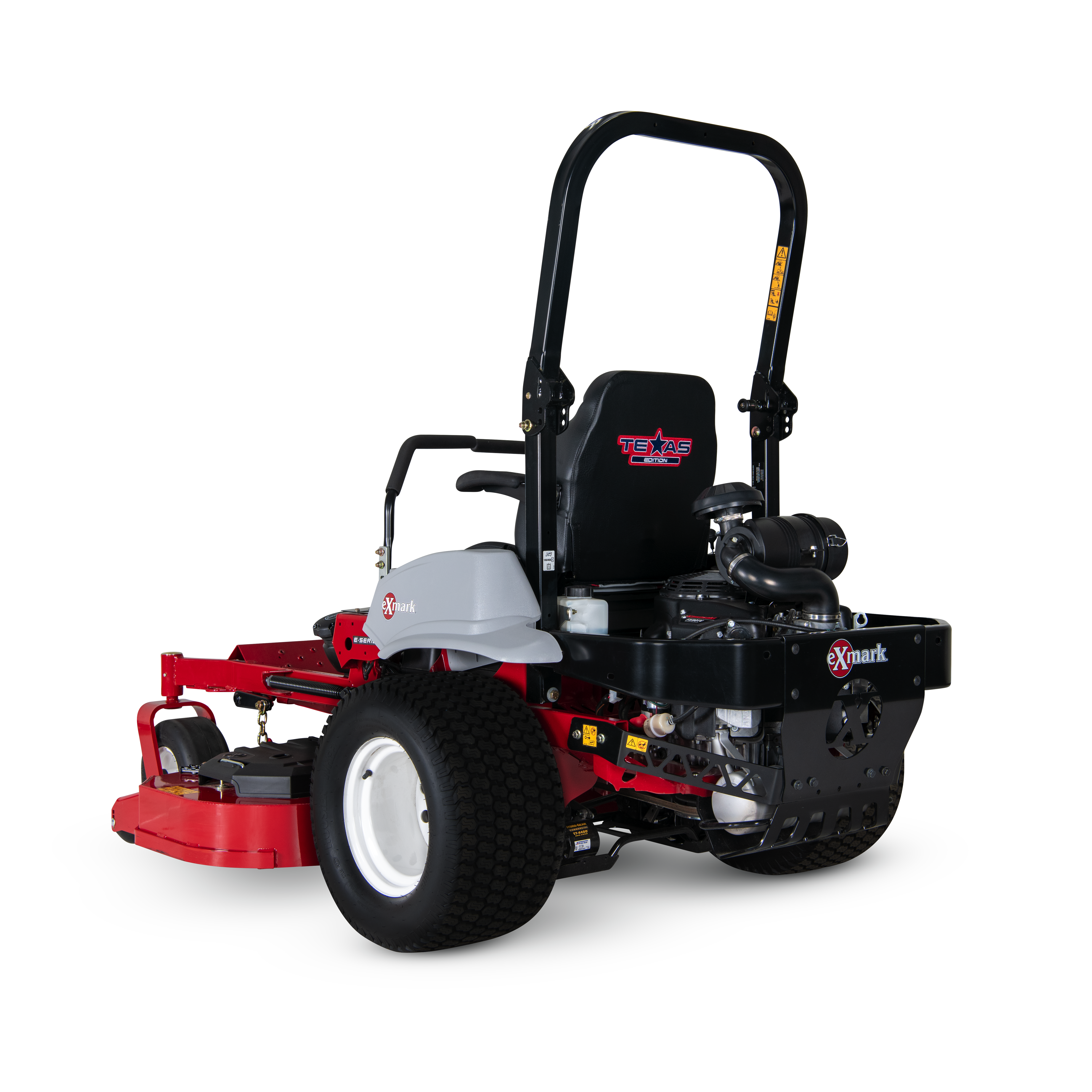 A three-quarter rear-left view of the Exmark Lazer Texas Edition.