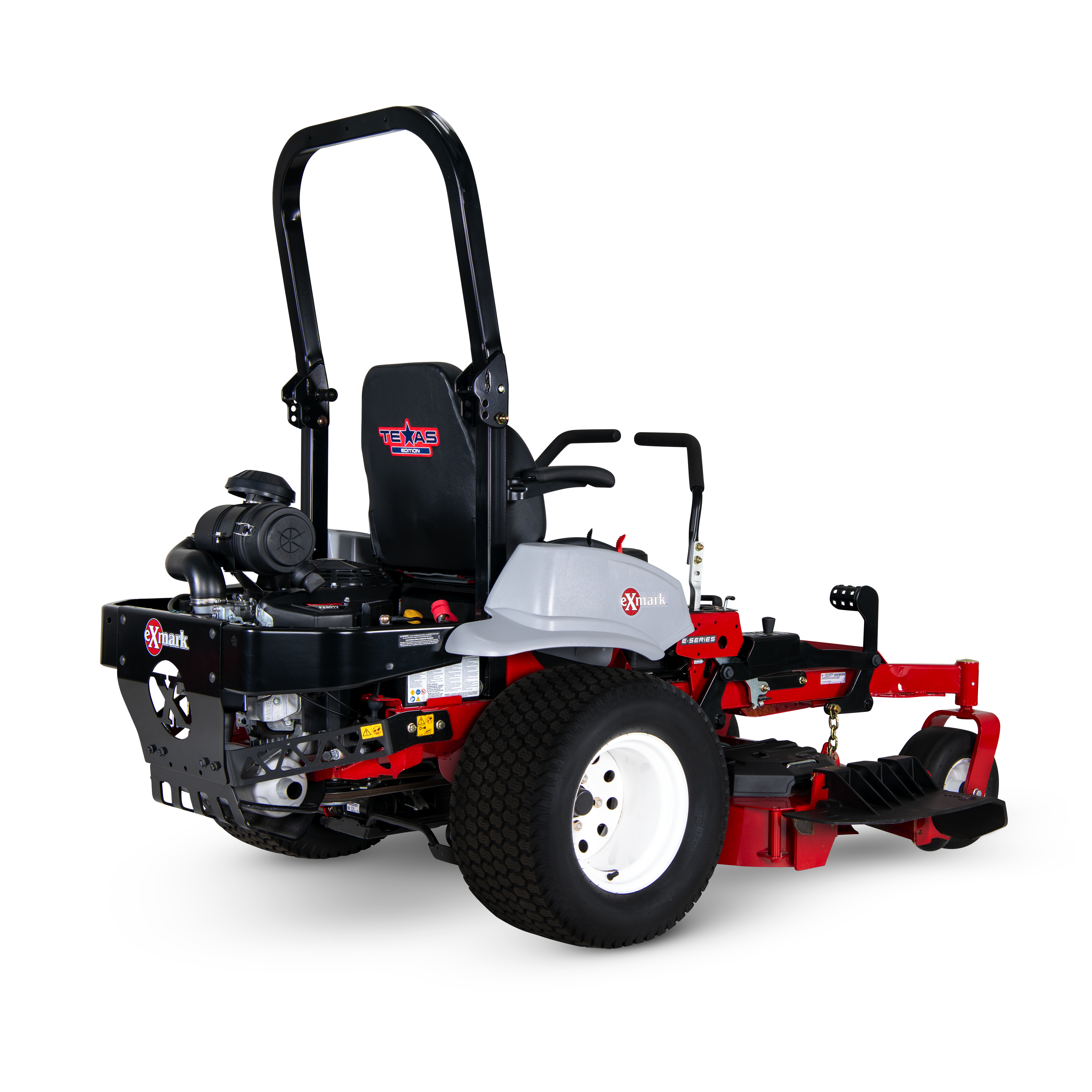 A three-quarter rear-right view of the Exmark Lazer Texas Edition.