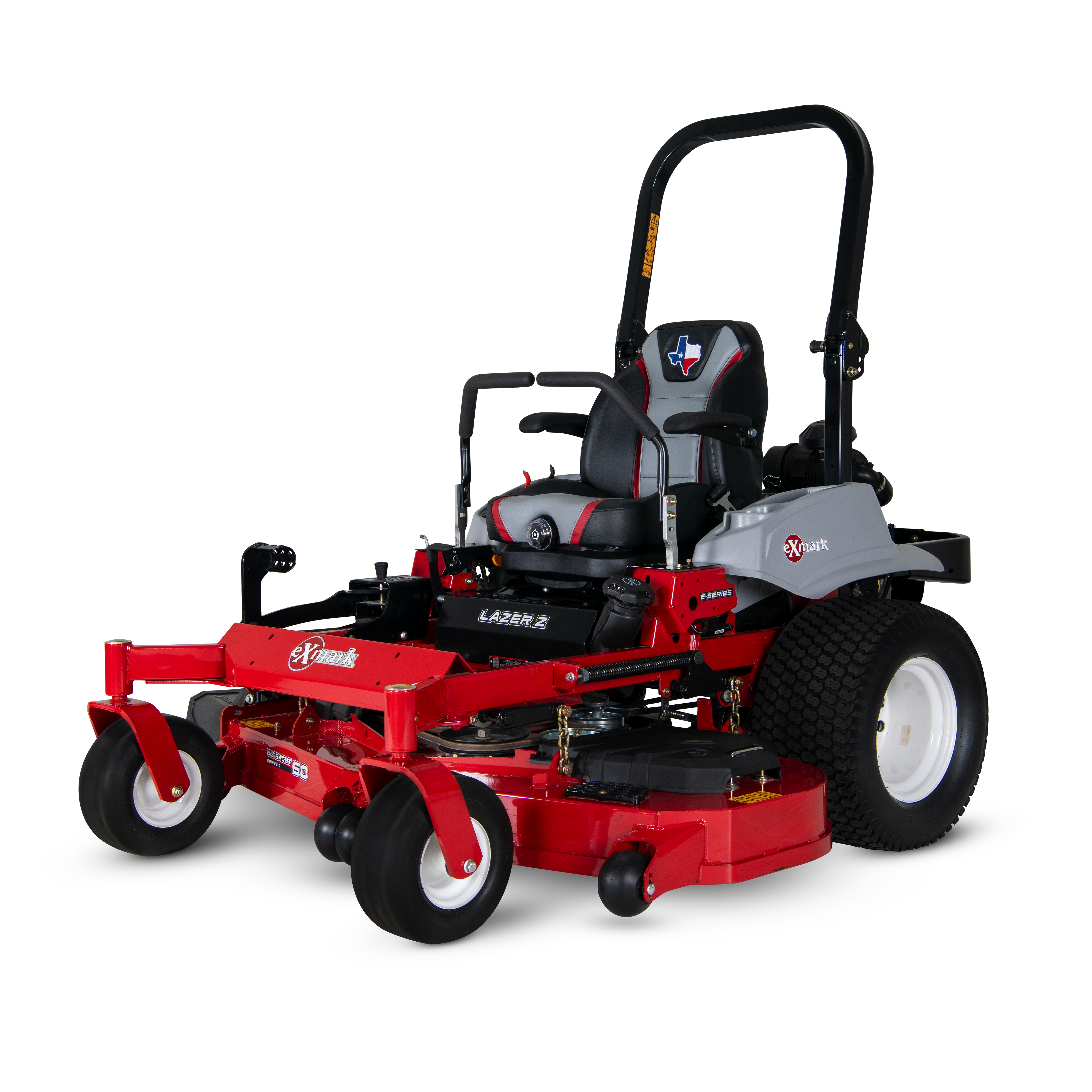 A three-quarter front-left view of the Exmark Lazer Texas Edition.