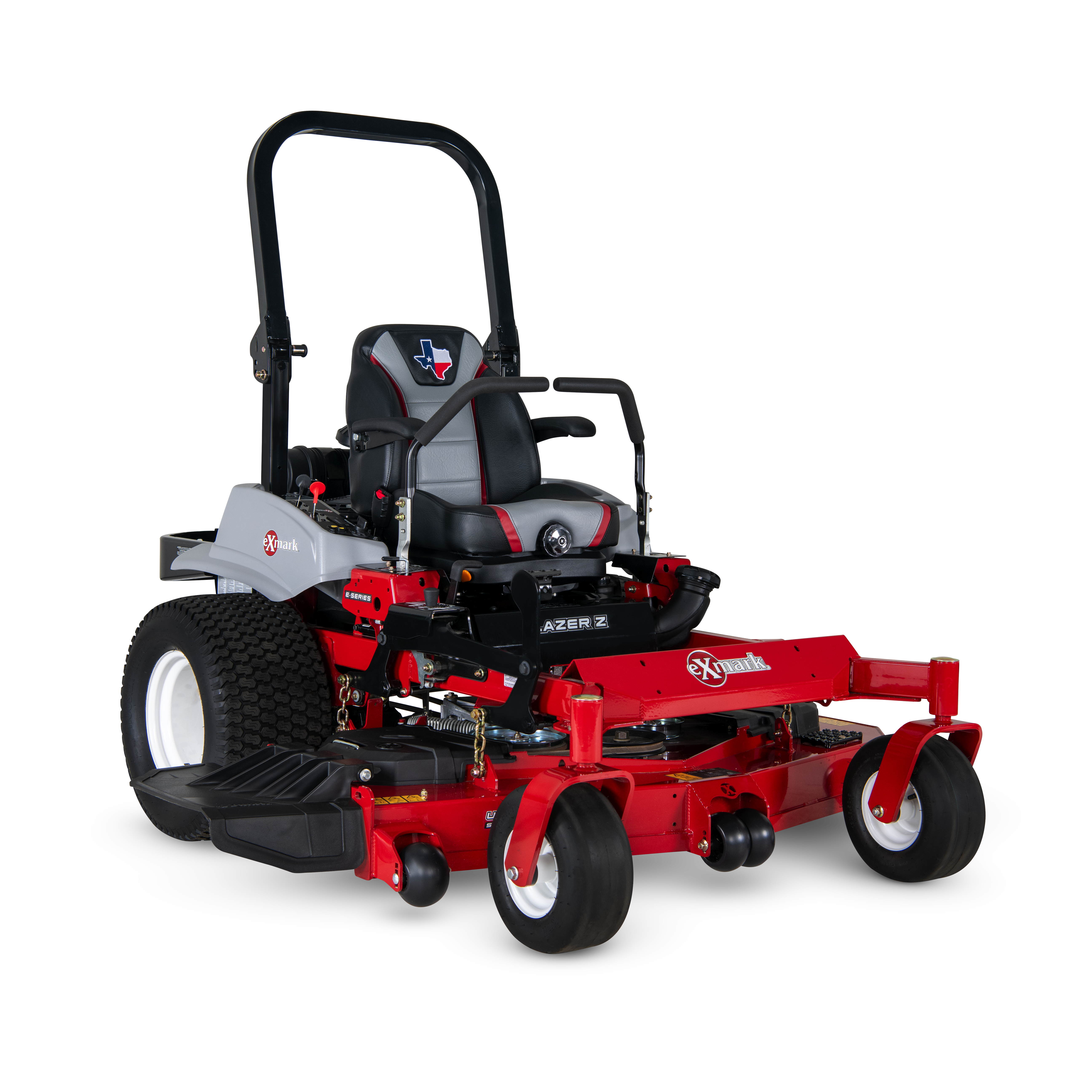 A three-quarter front-right view of the Exmark Lazer Texas Edition.